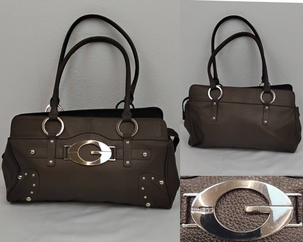 Guess Baguette Shoulder Bag Brown Pebbled Leather Monogram Vintage Y2K #J4748